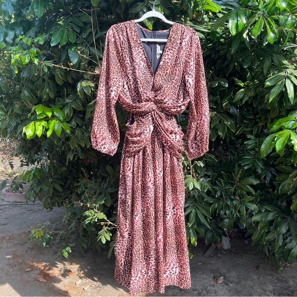 RANNA GILL tan orange pink‎ leopard twist cutout long puff sleeve midi dress